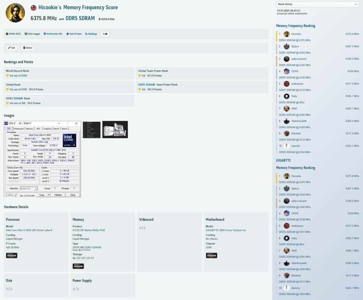Gigabyte DDR5 overclocking record with Hicookie.